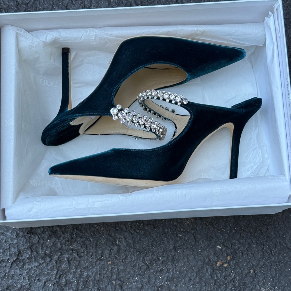 Jimmy Choo Teal Velvet Heels with Crystal Detail